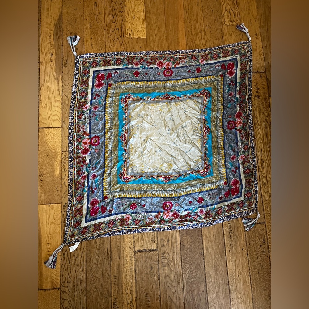 Johnny Was Locust Tasseled 100% Silk Scarf 
40x42